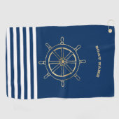 Nautical, Gold Boat Wheel, Navy Blue Stripes Golfhanddoek (Horizontaal)