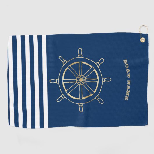 Nautical, Gold Boat Wheel, Navy Blue Stripes Golfhanddoek (Horizontaal)