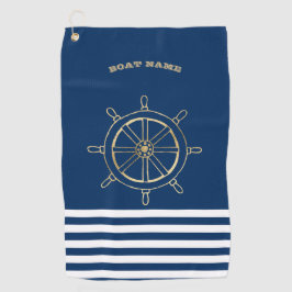 Nautical, Gold Boat Wheel, Navy Blue Stripes Golfhanddoek