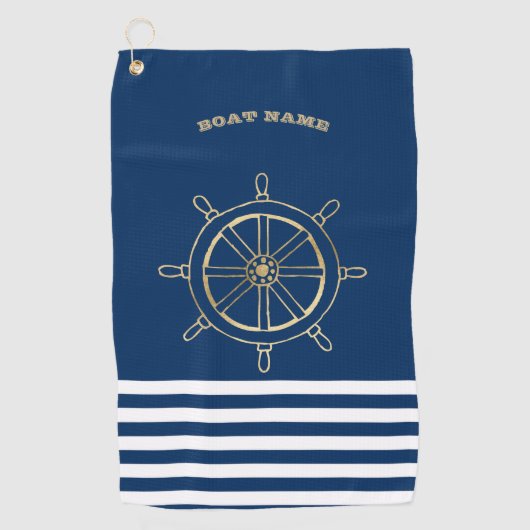 Nautical, Gold Boat Wheel, Navy Blue Stripes Golfhanddoek (Voorkant)