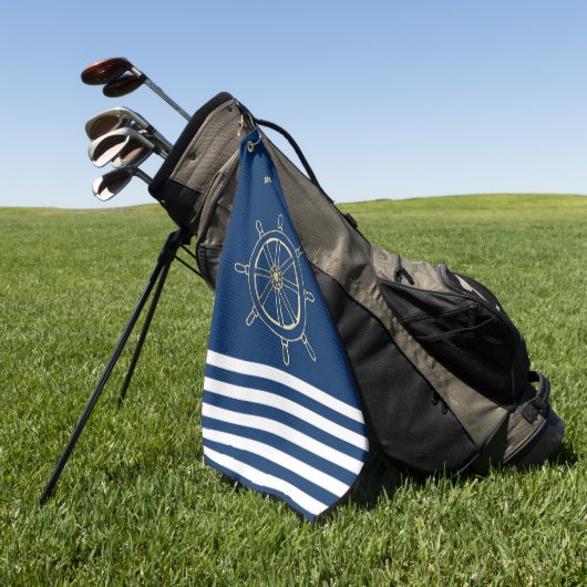 Nautical, Gold Boat Wheel, Navy Blue Stripes Golfhanddoek (Groen)