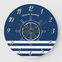 Nautical, Gold Boat Wheel, Navy Blue Stripes