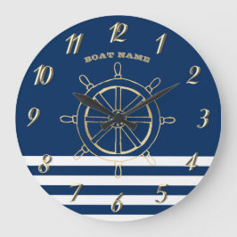 Nautical, Gold Boat Wheel, Navy Blue Stripes Grote Klok