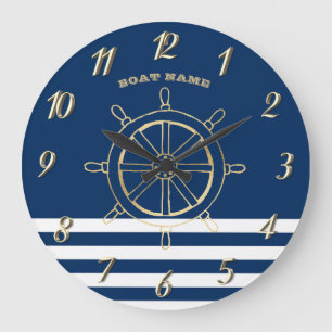 Nautical, Gold Boat Wheel, Navy Blue Stripes Grote Klok