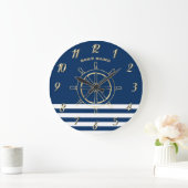 Nautical, Gold Boat Wheel, Navy Blue Stripes Grote Klok (Huis)