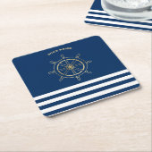 Nautical, Gold Boat Wheel, Navy Blue Stripes Kartonnen Onderzetters (Schuin)