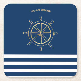 Nautical, Gold Boat Wheel, Navy Blue Stripes Kartonnen Onderzetters