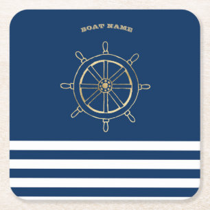 Nautical, Gold Boat Wheel, Navy Blue Stripes Kartonnen Onderzetters