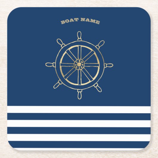 Nautical, Gold Boat Wheel, Navy Blue Stripes Kartonnen Onderzetters (Voorkant)