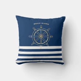 Nautical, Gold Boat Wheel, Navy Blue Stripes Kussen
