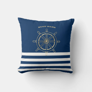 Nautical, Gold Boat Wheel, Navy Blue Stripes Kussen