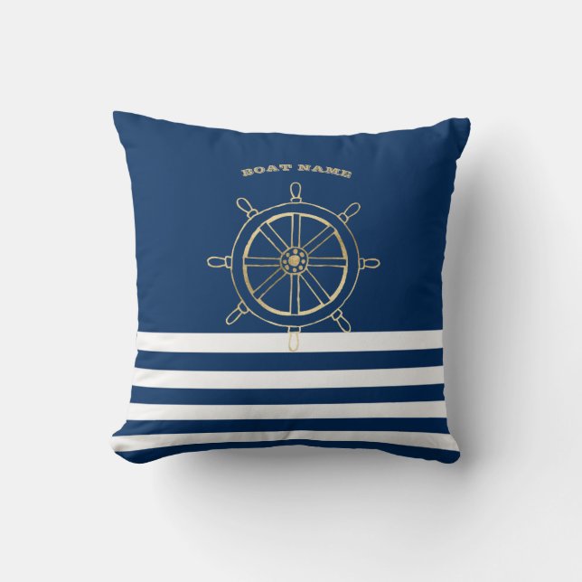 Nautical, Gold Boat Wheel, Navy Blue Stripes Kussen (Voorkant)