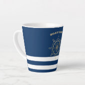 Nautical, Gold Boat Wheel, Navy Blue Stripes Latte Mok (Linkerhoek)