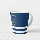 Nautical, Gold Boat Wheel, Navy Blue Stripes Latte Mok (Rechterhoek)