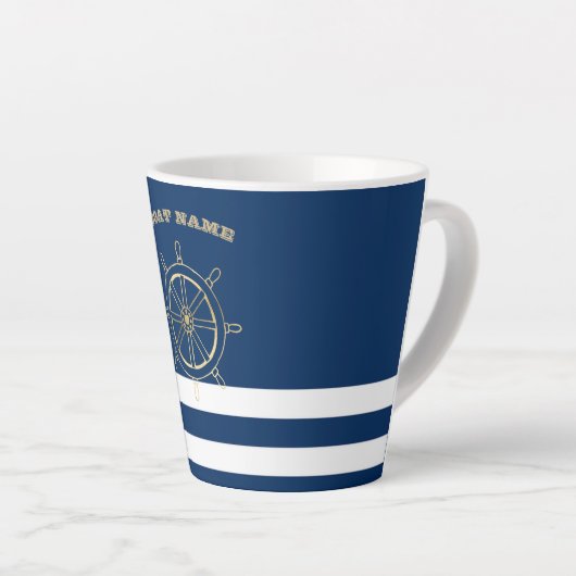 Nautical, Gold Boat Wheel, Navy Blue Stripes Latte Mok (Rechterhoek)