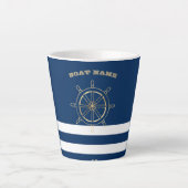 Nautical, Gold Boat Wheel, Navy Blue Stripes Latte Mok (Voorkant)