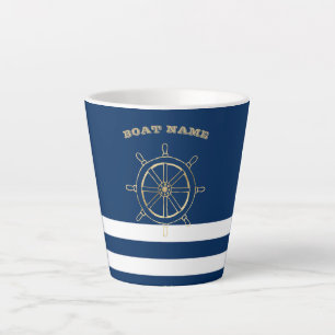 Nautical, Gold Boat Wheel, Navy Blue Stripes Latte Mok