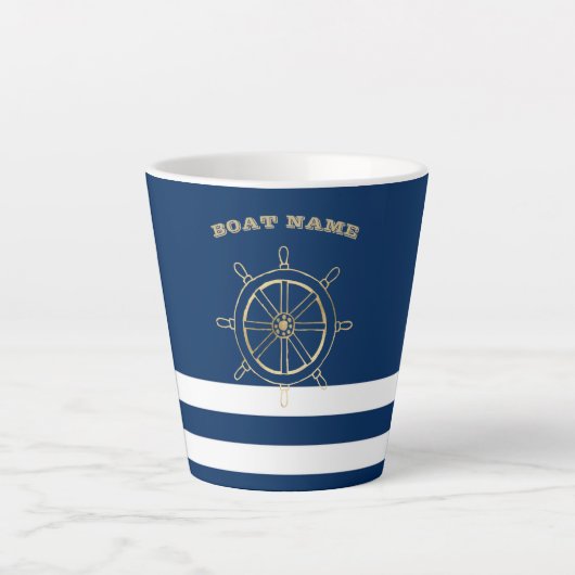 Nautical, Gold Boat Wheel, Navy Blue Stripes Latte Mok (Voorkant)