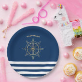 Nautical, Gold Boat Wheel, Navy Blue Stripes Papieren Bordje (Feest)