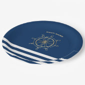 Nautical, Gold Boat Wheel, Navy Blue Stripes Papieren Bordje (Gekanteld)