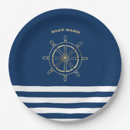 Nautical, Gold Boat Wheel, Navy Blue Stripes Papieren Bordje