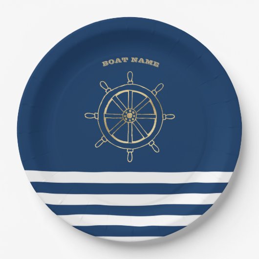 Nautical, Gold Boat Wheel, Navy Blue Stripes Papieren Bordje (Voorkant)