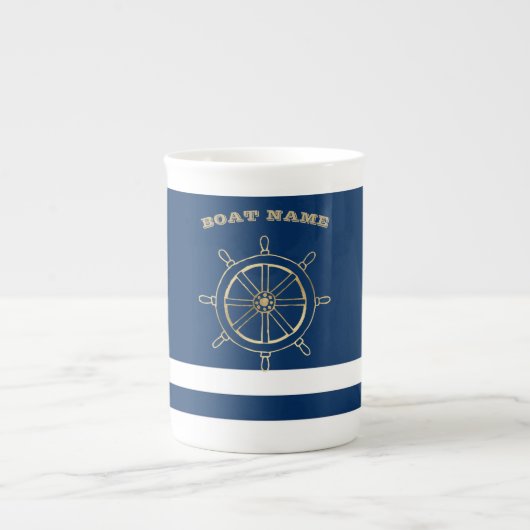 Nautical, Gold Boat Wheel, Navy Blue Stripes Porselein Kop (Voorkant)