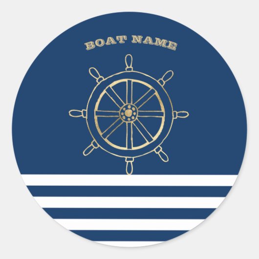 Nautical, Gold Boat Wheel, Navy Blue Stripes Ronde Sticker (Voorkant)