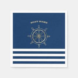 Nautical, Gold Boat Wheel, Navy Blue Stripes Servet