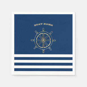 Nautical, Gold Boat Wheel, Navy Blue Stripes Servet