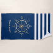 Nautical, Gold Boat Wheel, Navy Blue Stripes Strandlaken (Voorkant)