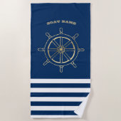 Nautical, Gold Boat Wheel, Navy Blue Stripes Strandlaken (Voorkant)