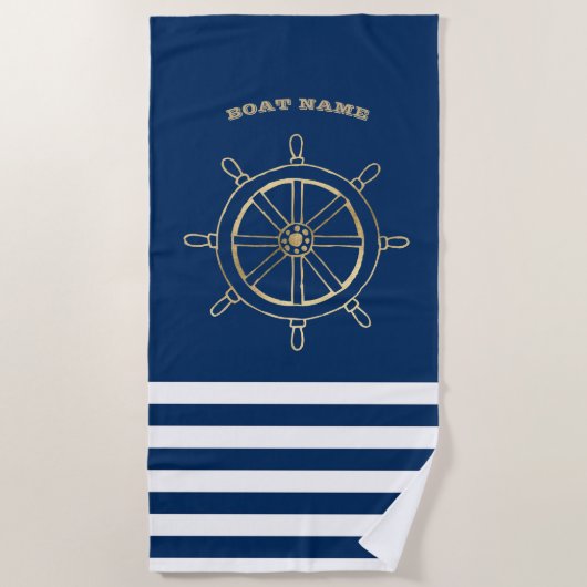 Nautical, Gold Boat Wheel, Navy Blue Stripes Strandlaken (Voorkant)