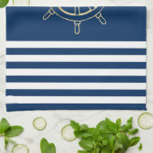 Nautical, Gold Boat Wheel, Navy Blue Stripes Theedoek (Gevouwen)