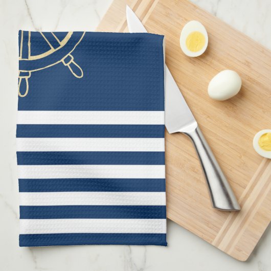 Nautical, Gold Boat Wheel, Navy Blue Stripes Theedoek (Quarter Fold)
