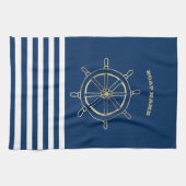 Nautical, Gold Boat Wheel, Navy Blue Stripes Theedoek (Horizontaal)