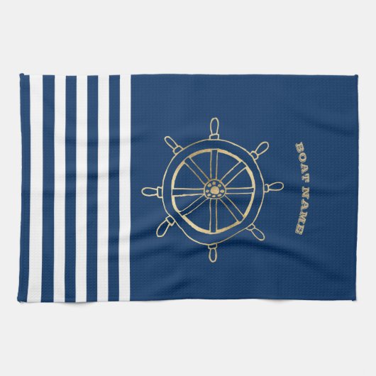 Nautical, Gold Boat Wheel, Navy Blue Stripes Theedoek (Horizontaal)