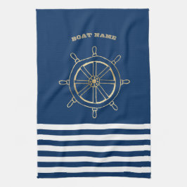 Nautical, Gold Boat Wheel, Navy Blue Stripes Theedoek