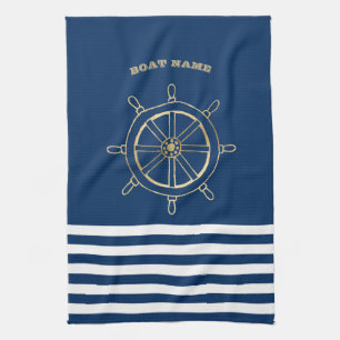 Nautical, Gold Boat Wheel, Navy Blue Stripes Theedoek