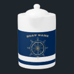 Nautical, Gold Boat Wheel, Navy Blue Stripes Theepot<br><div class="desc">Dit afbeelding is voorzien van een bootwiel op een blauw gestreepte achtergrond van de marine.</div>