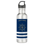 Nautical, Gold Boat Wheel, Navy Blue Stripes Waterfles (Voorkant)