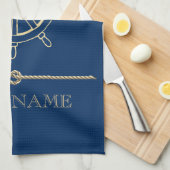 Nautical Gold Boat Wheel, Navy Blue Theedoek (Quarter Fold)