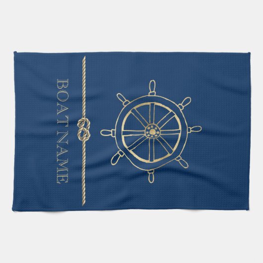 Nautical Gold Boat Wheel, Navy Blue Theedoek (Horizontaal)