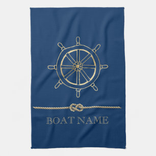 Nautical Gold Boat Wheel, Navy Blue Theedoek