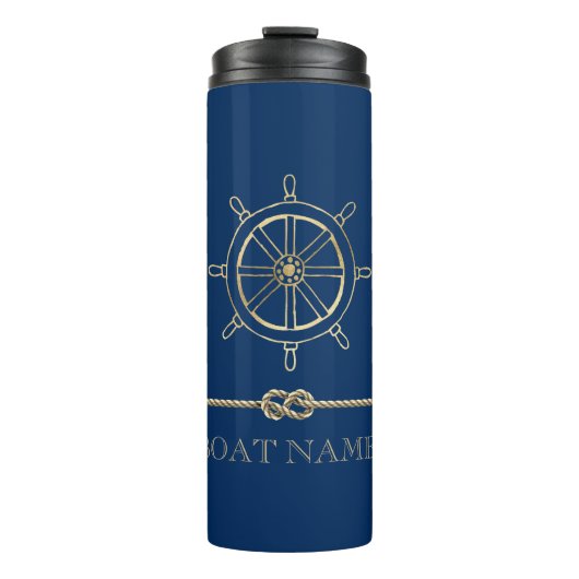 Nautical Gold Boat Wheel, Navy Blue Thermosbeker (Voorkant)