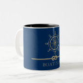 Nautical Gold Boat Wheel, Navy Blue Tweekleurige Koffiemok (Voorkant links)