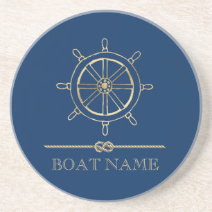 Nautical Gold Boat Wheel, Navy Blue Zandsteen Onderzetter