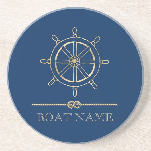 Nautical Gold Boat Wheel, Navy Blue Zandsteen Onderzetter (Voorkant)
