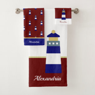 Nautical Gold Burgundy Maroon en Navy Blue Light Bad Handdoek