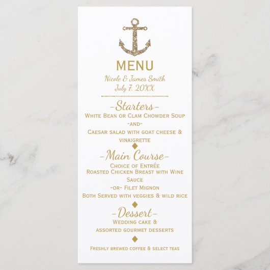 Nautical Gold Glitter Anker Glamour Menu Kaart (Voorkant)